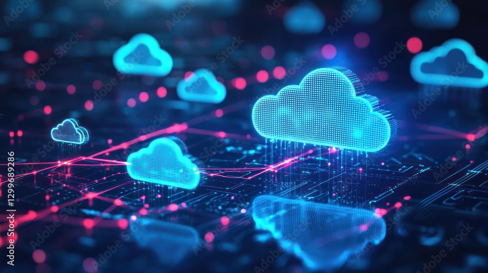 Poster cloud computing network with digital cloud shapes and circuit board connections in dark blue and pin