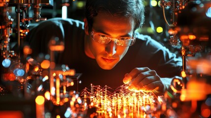 Focused engineer analyzing glowing network technology with glasses in warm tone lab environment