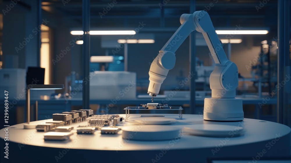 Poster robotic arm precision working in clean scientific lab producing microchips and integrated circuits