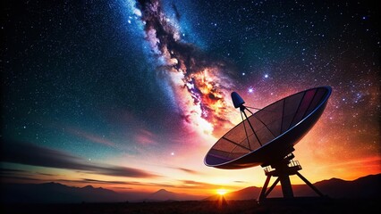 Silhouette of Modern Glossy Satellite Against Starry Space Background - Space Exploration Stock Photo