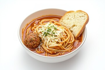 Appetizing homemade spaghetti and meatball soup in a bowl complemented with a slice of toasted bread classic comfort food Italian cuisine simple lunch