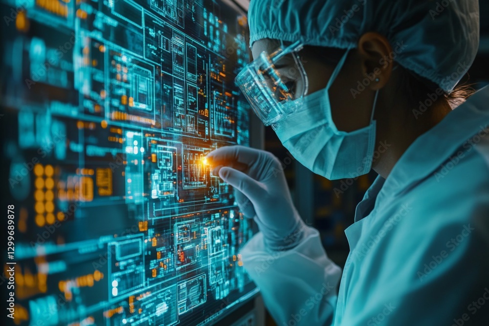 Poster scientist interacting with advanced technology in a laboratory during a research project focused on 