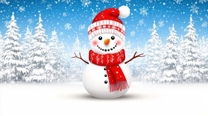 Cheerful snowman in winter landscape with snow-covered trees under a flurry of snowflakes. Holidays card