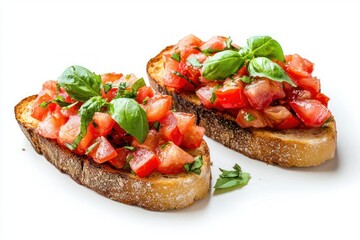 Vibrant Bruschetta Delight Fresh Tomato Basil Topping Rustic Bread Crisp Texture White Backdrop Appetizing Italian Cuisine Close Up