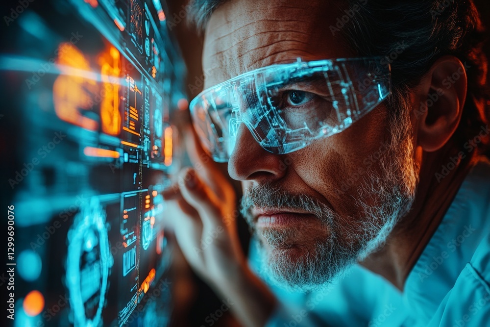 Poster scientist examines holographic data display in a modern laboratory during evening hours