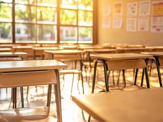 Bright and Inviting Classroom Setting with Empty Desks in Sunlight