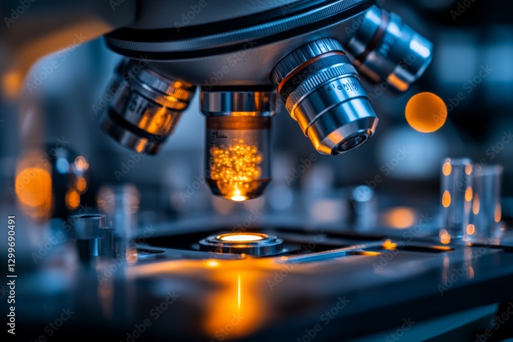 Poster exploring microscopic worlds with advanced optics and vibrant lighting in a laboratory setting