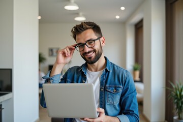 A Smiling Young Man in Glasses Using a Laptop in a Bright, Modern Room Highlighted by Natural Light and Indoor Plants