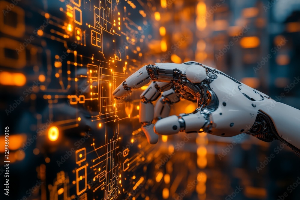 Poster robotic hand interacting with glowing digital interface in a futuristic environment