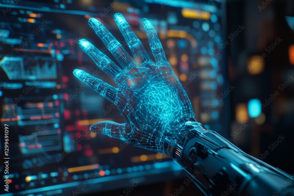 Aufkleber futuristic robotic hand interacting with digital interface in a high-tech environment at night