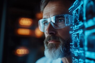 Scientist analyzes complex data visualizations in a modern laboratory setting