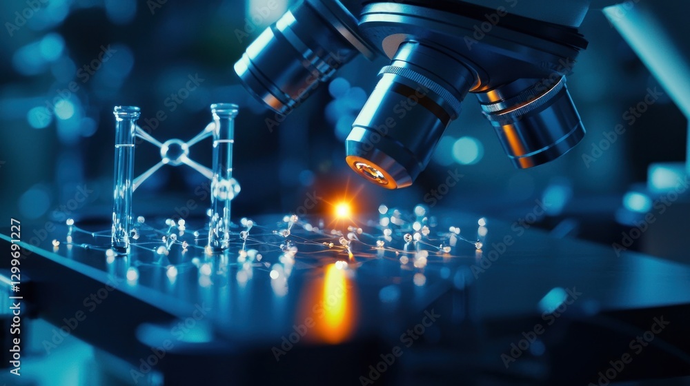 Poster intense microscopic view of scientific research with test tubes and molecular structures on the dark