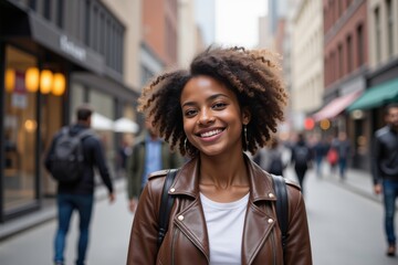 Fototapeta premium Young Black Woman Smiling in a Busy Urban Street Setting, Capturing the Energy of City Life with Modern Architecture in Background