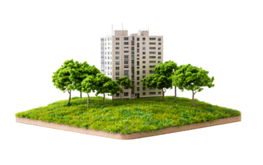 A small piece of land with grass and trees on it, featuring an apartment building in isolated on transparent background PNG
