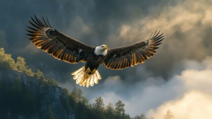 Fototapeta premium Majestic eagle soaring through dramatic mountain landscape nature photography aerial view wildlife concept