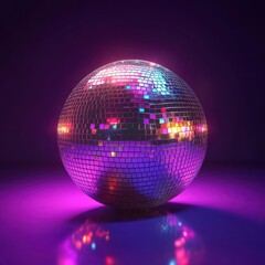 Obraz premium Glittering Disco Ball Reflecting Colorful Lights in Dark Atmosphere