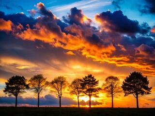 Obraz premium Silhouette of Trees Against a Dramatic Scattered Cloud Sky