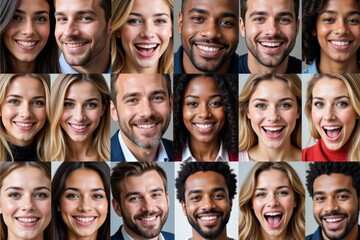 Fototapeta premium Diverse Group of Young Adults Smiling Together in a Studio Portrait Session: Men and Women Exuding Joy and Positivity in an Indoor Setting