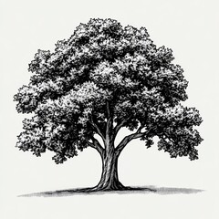 Detailed hand-drawn illustration of a large, full oak tree.