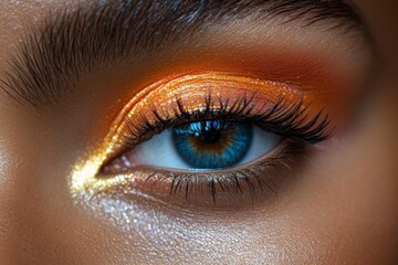 Obraz premium Stunning close-up of a model's eye showcasing vibrant orange and gold makeup with striking blue iris