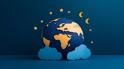 Dreamy Globe: The Earth, crafted in paper art, is cradled by clouds beneath a night sky dotted with stars and crescent moons. It evokes dreams of travel. 