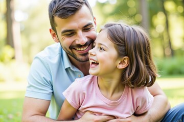 Fototapeta premium A joyful Caucasian father in his 30s playing with his young daughter, around 5 years old, in a sunlit park filled with greenery, laughter, and tender moments.