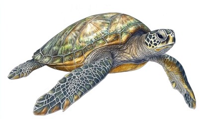 Detailed illustration of a green sea turtle swimming. (1)