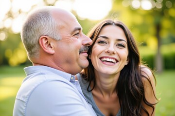 Fototapeta premium Joyful Couple in Nature: A Middle-Aged Man with a Mustache and a Younger Woman Sharing a Laughter-Filled Moment in a Lush Green Park Setting