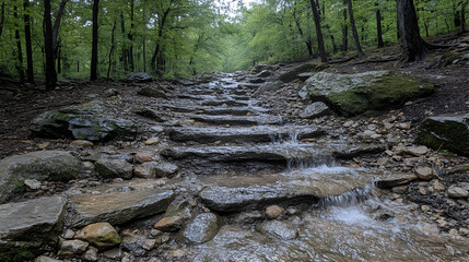 Rainy Forest Steps Flowing Downward
