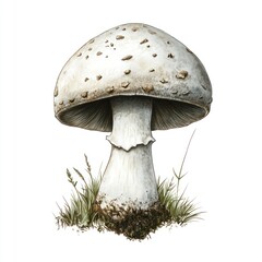 Detailed illustration of a white mushroom with brown spots, nestled in grass.