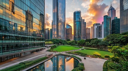 Fototapeta premium Urban park with skyscrapers at sunset.