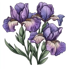 Detailed illustration of three purple iris flowers with green stems and leaves on a white background.
