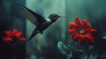 Fototapeta premium Hummingbird feeding on red flowers garden nature photography lush environment close-up beauty of wildlife