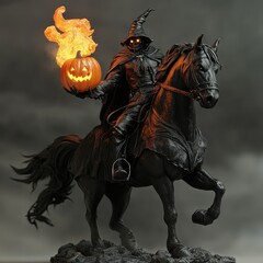 Eerie Horseman with Pumpkin and Flame in Dark Atmosphere