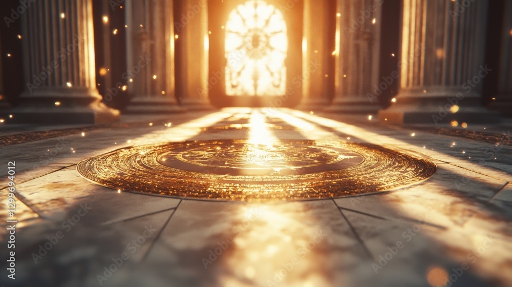 Poster sunlight streams through a large ornate window, illuminating a golden seal embedded in the marble fl
