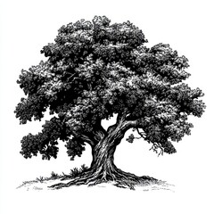 Detailed ink drawing of a large, old oak tree.