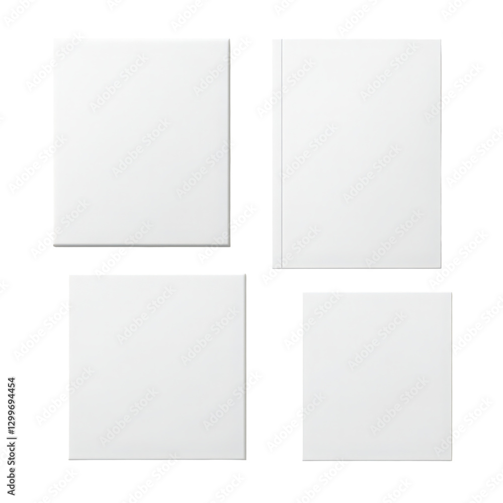 Poster minimalist display of various blank white paper sizes on a transparent backdrop