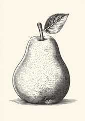 Detailed monochrome engraving of a single pear with leaf.