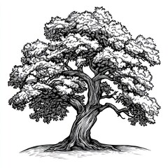 Detailed ink drawing of a large, old oak tree.