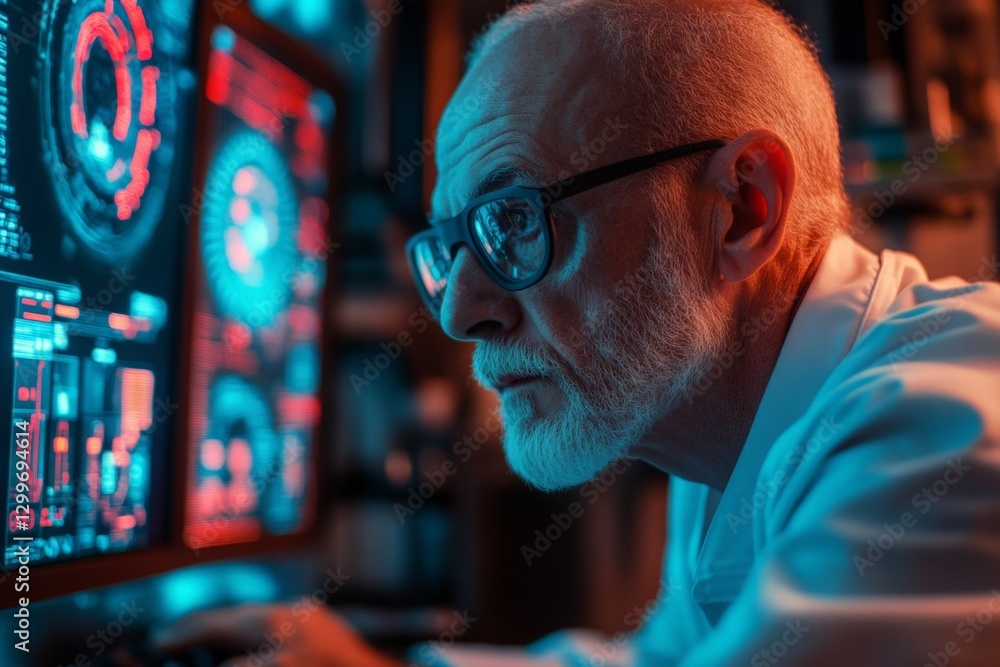 Poster senior scientist analyzes complex data on multiple screens in a dimly lit research laboratory settin