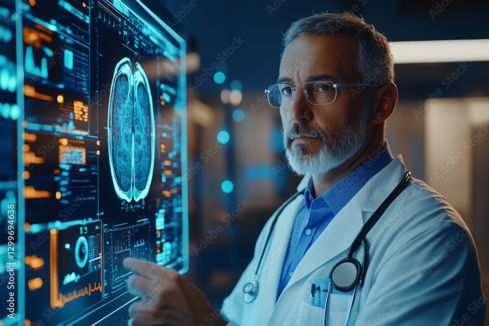 Poster medical professional analyzes brain scan data on advanced digital interface in a clinical setting