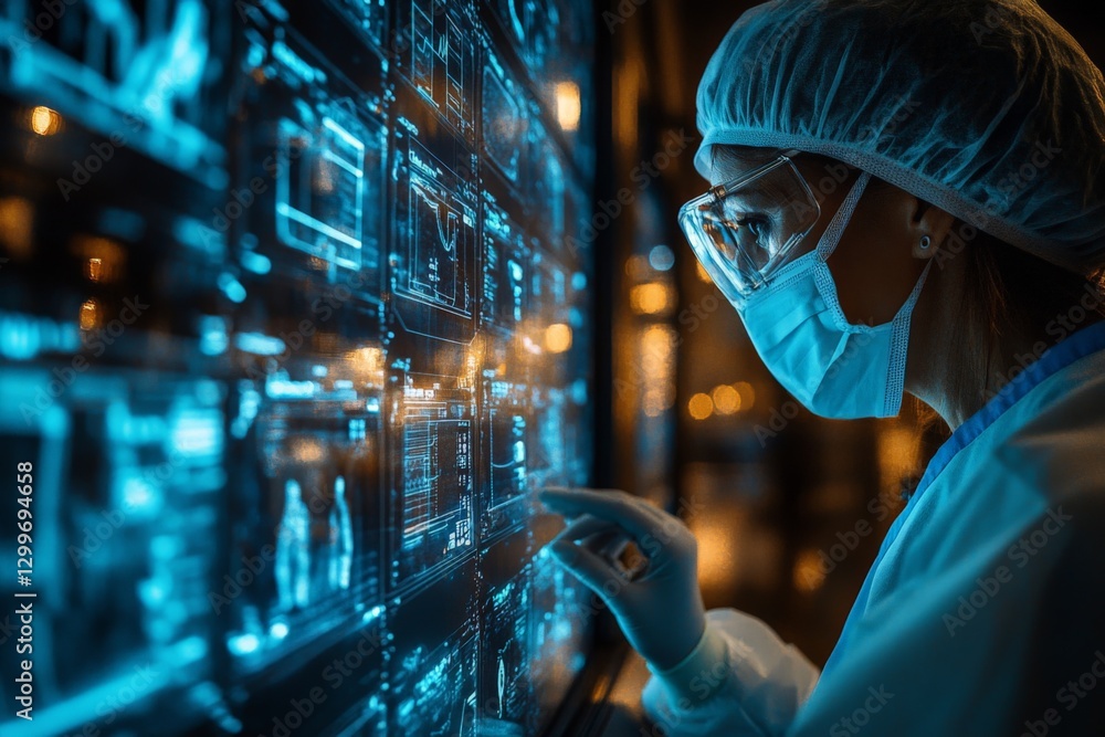 Aufkleber scientist analyzing data on digital screen in laboratory during nighttime research session