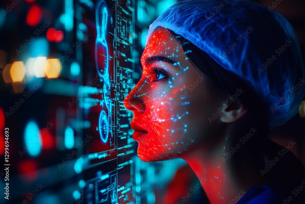 Poster scientist examines data visualization with glowing graphics in a high-tech laboratory environment