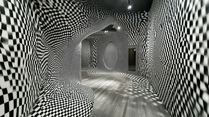This interior room features optical illusions and black and white checkers
