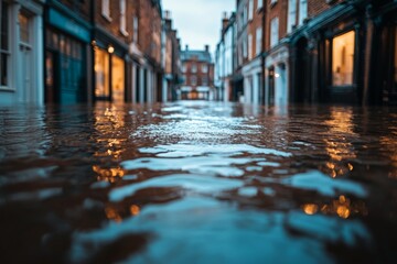 Historic street flooded after heavy rain, reflecting lights and buildings at dusk in a quiet town