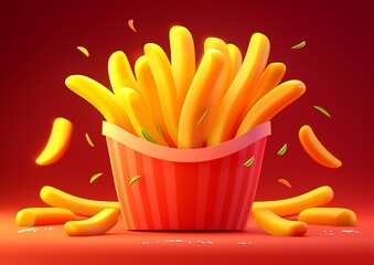 Delicious Golden Fries Overflowing from Striped Container on a Vivid Red Backdrop Cartoon Style Treat