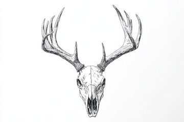 Detailed pencil sketch of a deer skull with large antlers.