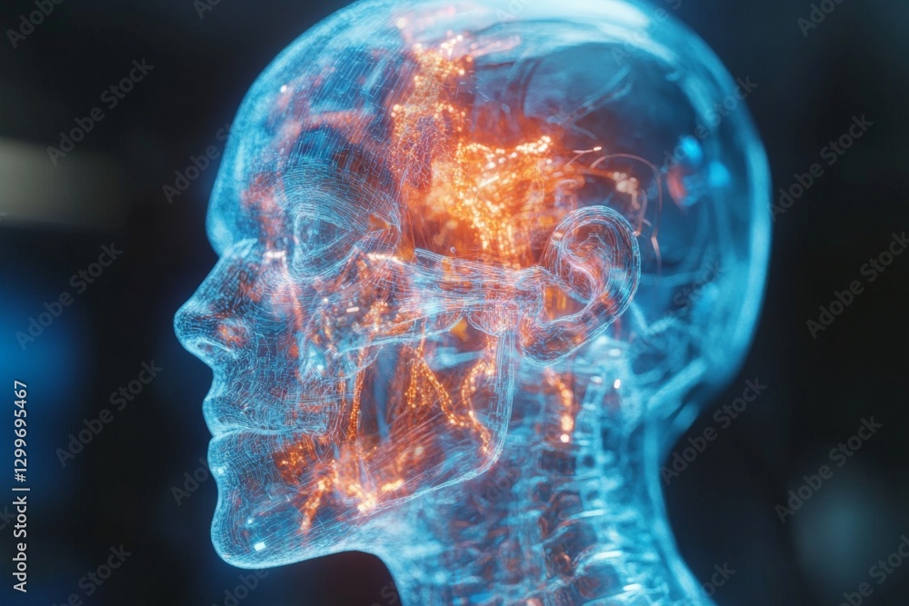 Poster digital representation of a human head showcasing neural pathways and glowing circuitry in a futuris