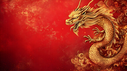Obraz premium un dragon chino color dorado ornamental y simbolo oriental sobre un fondo rojo vacio con espcio de copia para diseño o tarjeta 