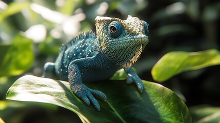 A Blue Chameleon Resting on a Large Green Leaf in Nature